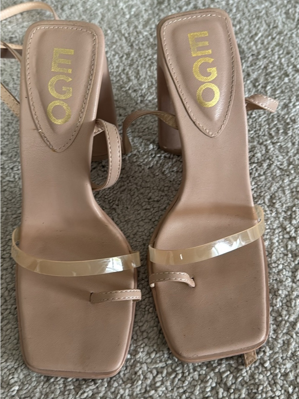 Aldo Neutral Nude Block Heel Sandals with Clear Strap